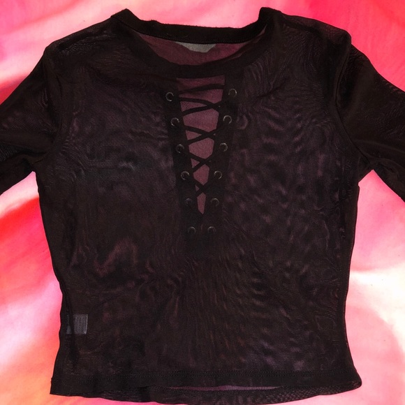 Black Lace-Up Mesh Crop Top - Picture 2 of 3